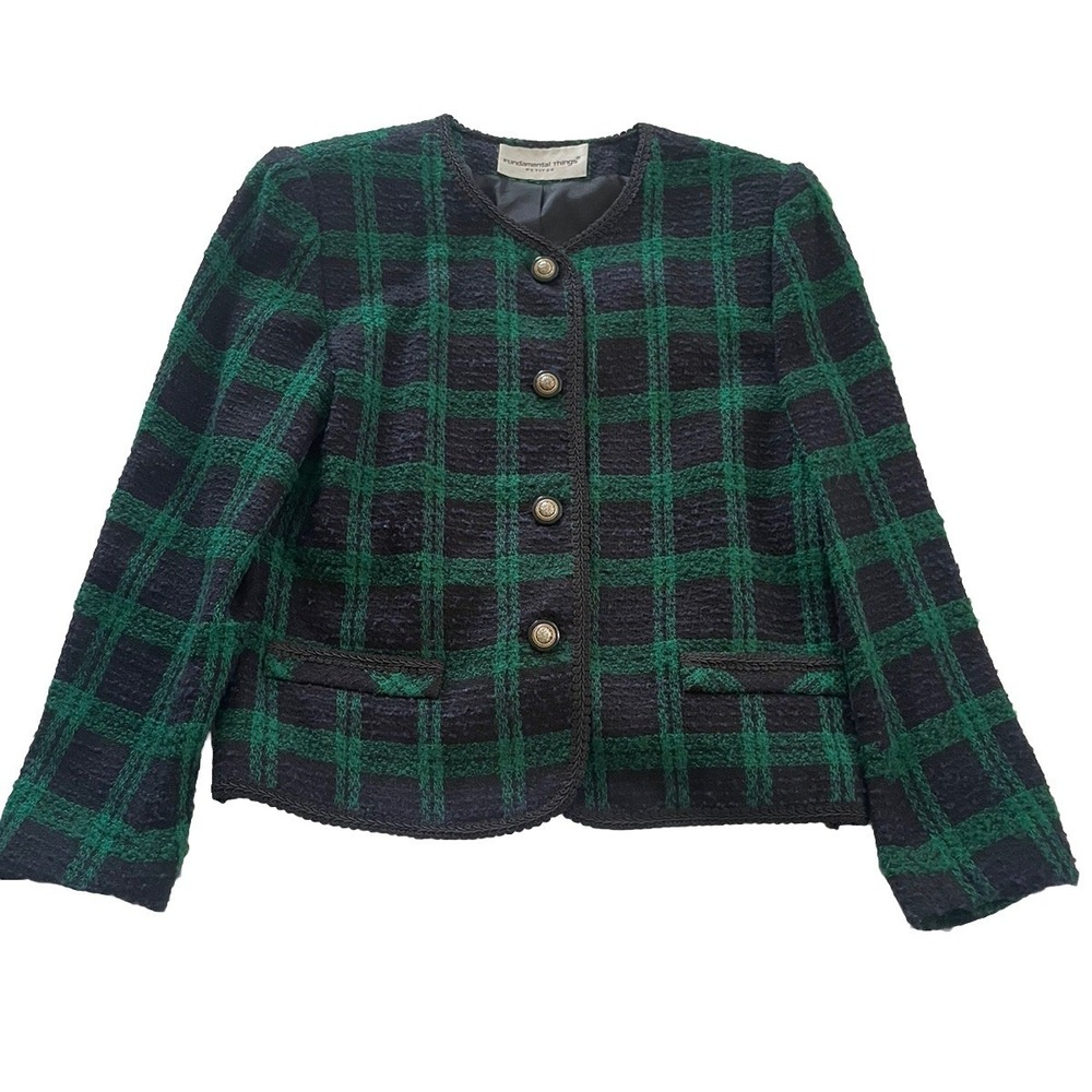 Womens Petite Blazer Size 8 Wool Blend Beautiful Trim Green & Blue Full Button